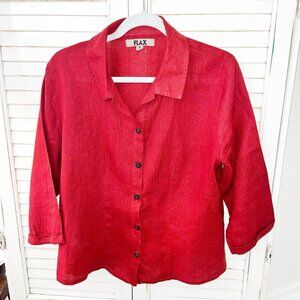 FLAX Women's Sz P (4-6) Button Up 100% Linen Top 3/4 Sleeve Blouse Shirt Red